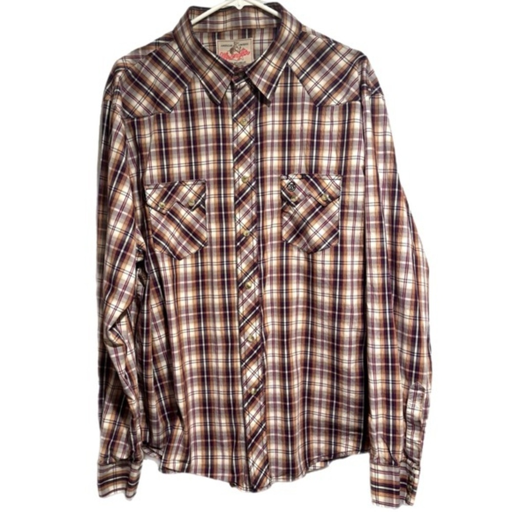 Vintage Wrangler Burgundy and Orange Sunset Pearl Snap Button Up
